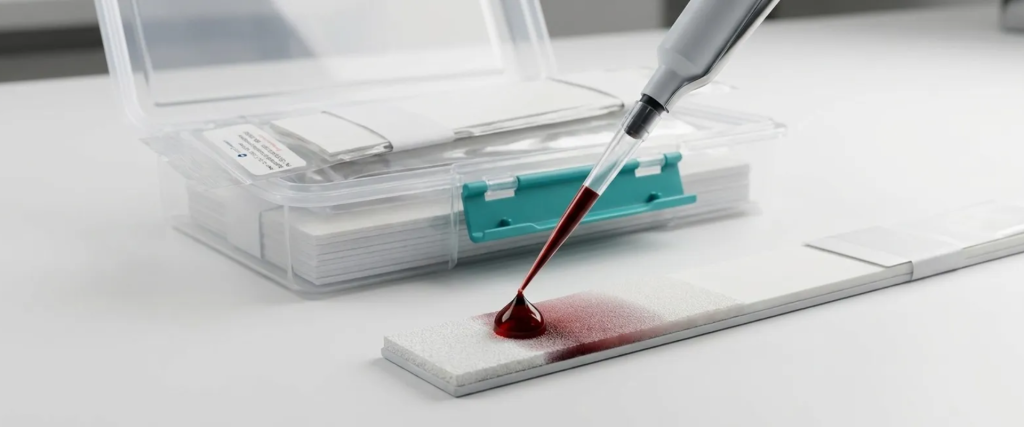 Lateral Flow test sample being applied to a test strip with pipette and kit components on a clean laboratory surface