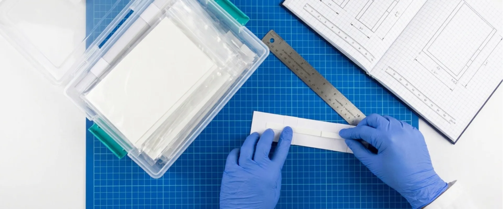 Lateral Flow test strip being assembled by gloved hands on a blue cutting mat with ruler, papers, and lab supplies