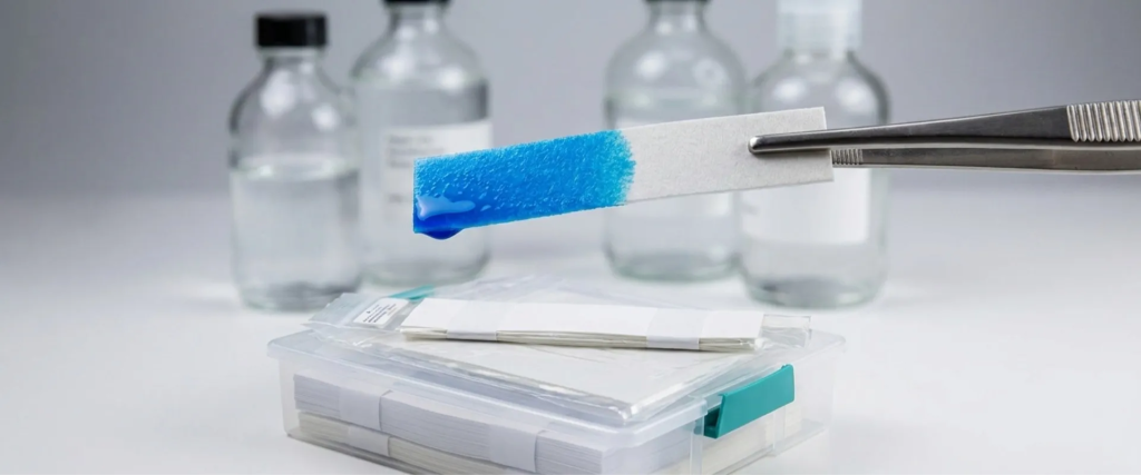 Lateral Flow test strip with blue sample held by tweezers, bottles in background, and test kit box on table