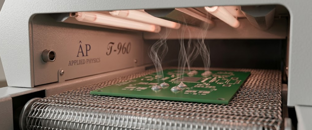 SMT PCB on conveyor under thermal reflow oven with smoke rising, applying heat to solder components