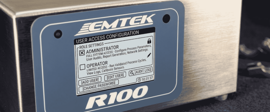 R100 Controllers CMTEK access configuration panel on a stainless steel machine showing administrator and operator settings
