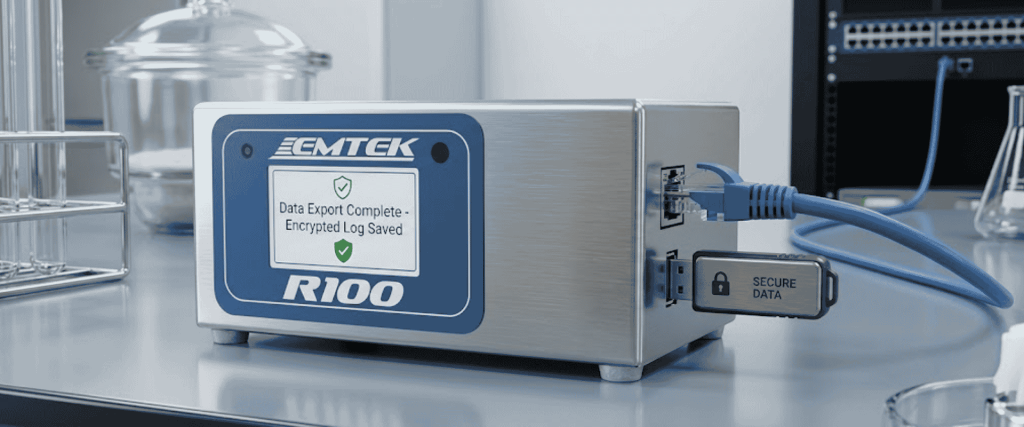 R100 Controllers: EMTEK R100 secure data controller on lab bench with encrypted log display, Ethernet cable, and USB drive