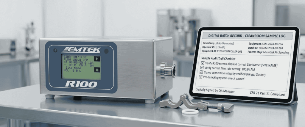 R100 Controllers EMTEK device with digital batch record on tablet in a cleanroom lab setup