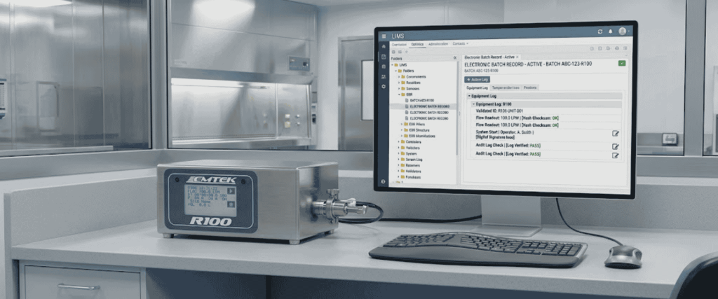 R100 Controllers R100 controller device on a lab counter beside a monitor displaying batch record software in a clean lab setting