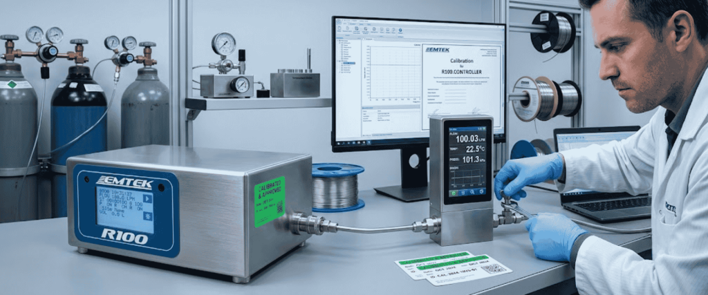 R100 Controllers calibration setup with EMTEK equipment, gas cylinders, gauges, and technician testing a device