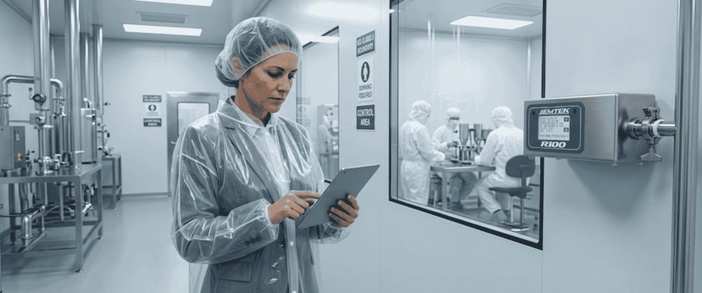 R100 Controllers in a clean lab, technician using a tablet while monitoring equipment through a glass control area