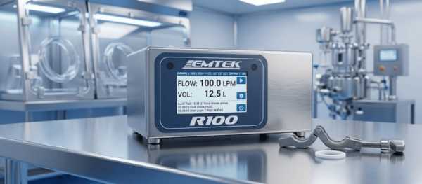 R100 Controllers stainless steel controller in a clean industrial lab, displaying flow and volume readings on a digital screen