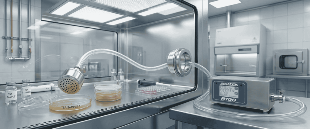 R100 Controllers sterile lab airflow controller with tubing, sample plates, and sealed testing chamber for precise experiments