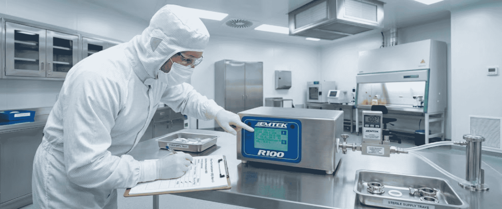 R100 Controllers, Technician in cleanroom testing an R100 sterilization controller beside lab equipment and stainless steel trays