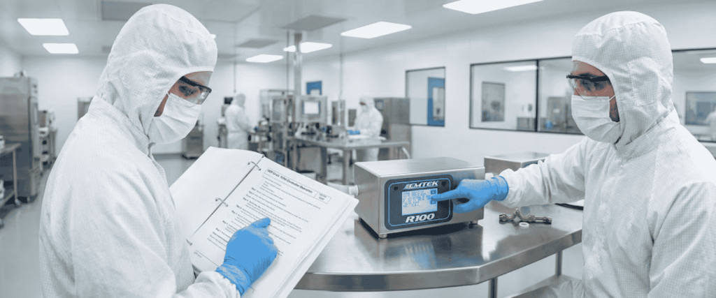 R100 Controllers used by technicians in a cleanroom lab, with one checking a device while the other reviews documents