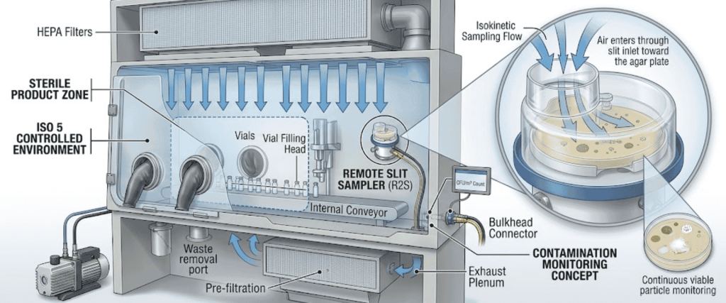 R2S Sampler installed in an ISO 5 cleanroom isolator for viable air monitoring and contamination control using slit sampling technology