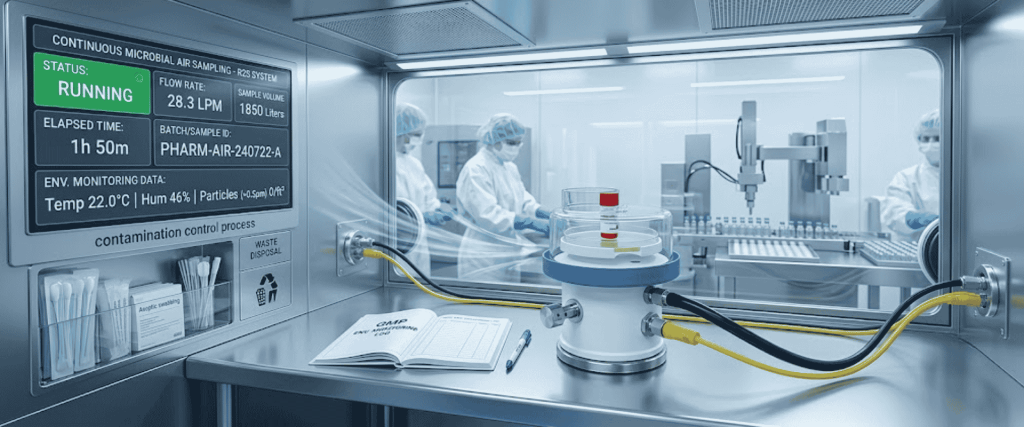 R2S Sampler performing continuous microbial air monitoring inside a cleanroom for contamination control and sterile process validation.