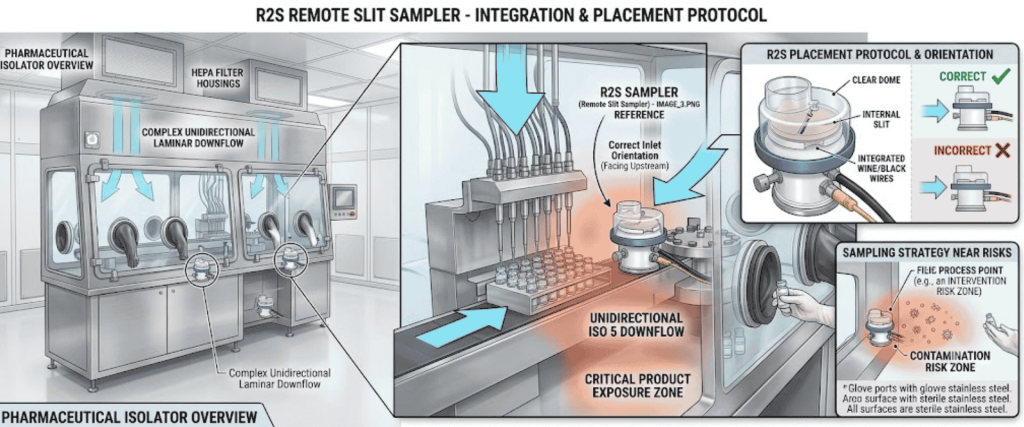 R2S Sampler placement protocol in pharmaceutical isolator showing ISO 5 airflow, sterile zones, and contamination monitoring setup.