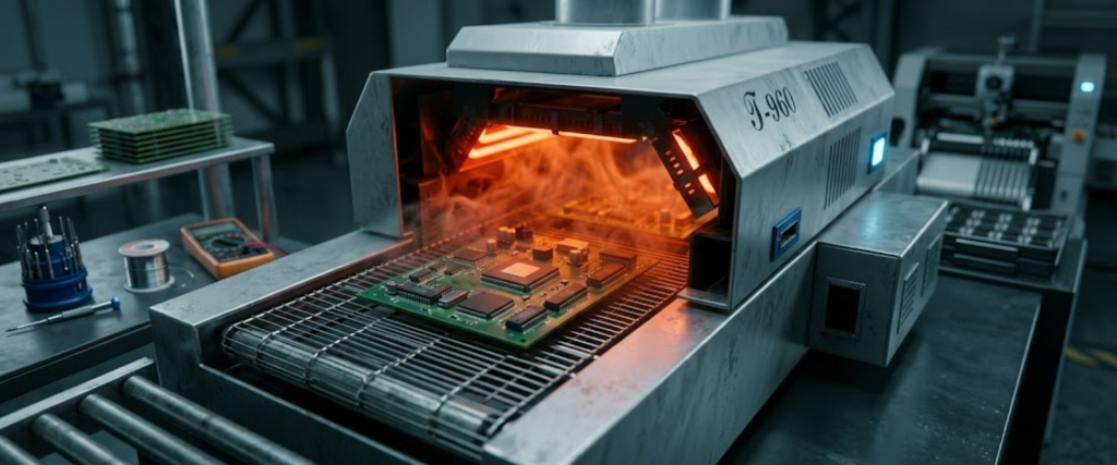 SMT Automated PCB reflow oven heating circuit boards on an industrial electronics assembly line