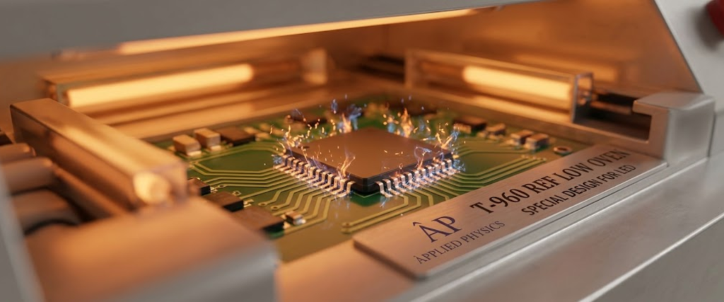 SMT chip inside a glowing circuit board with sparks, shown in a close-up industrial electronic assembly scene