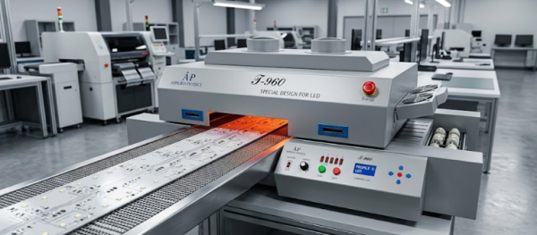 SMT machine in a modern factory, processing LED circuit boards on a conveyor line