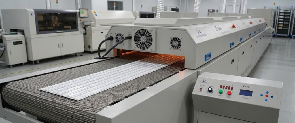 SMT reflow oven conveyor line in a factory, heating PCB boards during surface mount assembly process