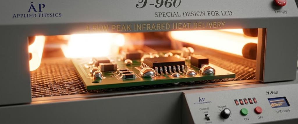SMT reflow oven heating a circuit board with glowing infrared heat inside an us machine