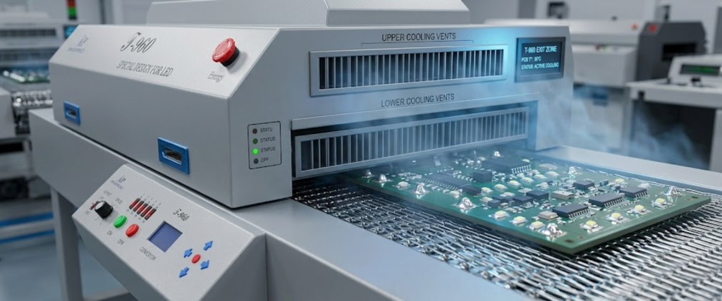 SMT reflow soldering machine cooling a PCB with smoke in an electronics manufacturing line