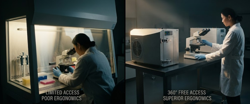 SO Class Side-by-side lab image of a standard laminar flow hood and a Table Koach desktop unit with improved ergonomics