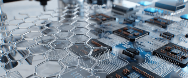 Semiconductor circuit board with hexagonal molecular mesh, advanced microchip technology, and electronic components close-up