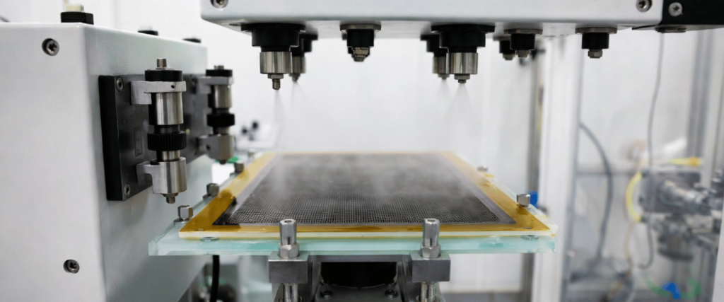 Solder Bridging inspection machine examining a circuit board in a clean factory, with precision nozzles and automated testing