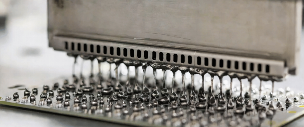 Solder Bridging on a circuit board during electronics assembly, showing excess solder connecting multiple nearby component pins