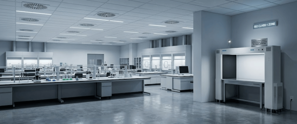 Stand KOACH clean ISO Class 1 lab with advanced workbenches, testing equipment, and controlled environment for precision research