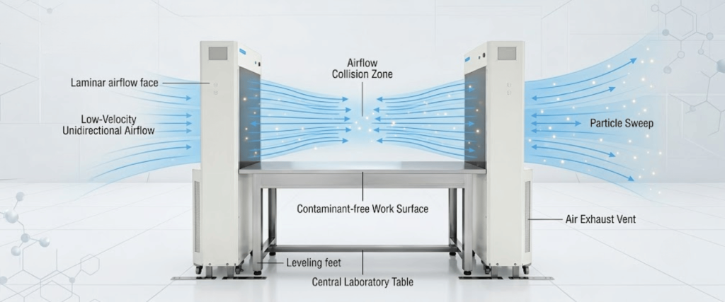 Stand KOACH clean-air system diagram showing low-velocity airflow, particle sweep, and contaminant-free laboratory work surface