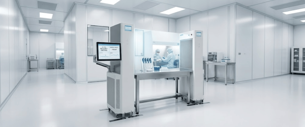 Stand KOACH cleanroom workstation with sterile lab equipment and technicians in a high-tech pharmaceutical production facility