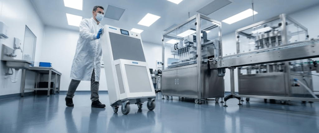 Stand KOACH in a clean lab, a technician moves a portable machine beside advanced sterile production equipment