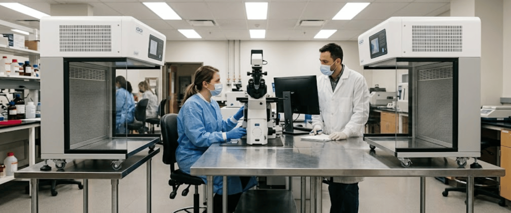 Stand KOACH lab airflow workstation with scientists using a microscope in a clean research laboratory setting