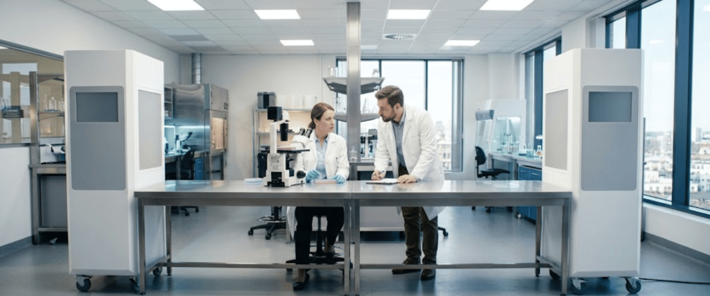 Stand KOACH researchers discuss samples in a modern laboratory with microscopes, stainless steel tables