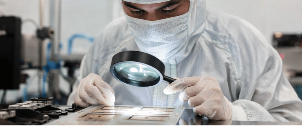 Technician inspecting circuit board with magnifying glass for Solder Bridging detection in a clean electronics lab