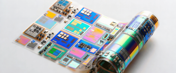 Transparent semiconductor wafer with colorful microchips, circuit patterns, and futuristic chip design for electronics