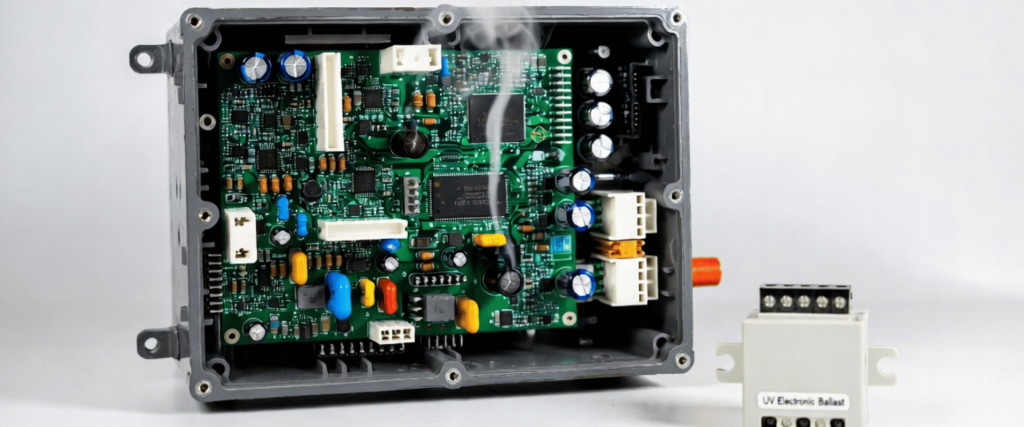 UV Electronic ballast circuit board in open black casing with smoke, showing components and connector module