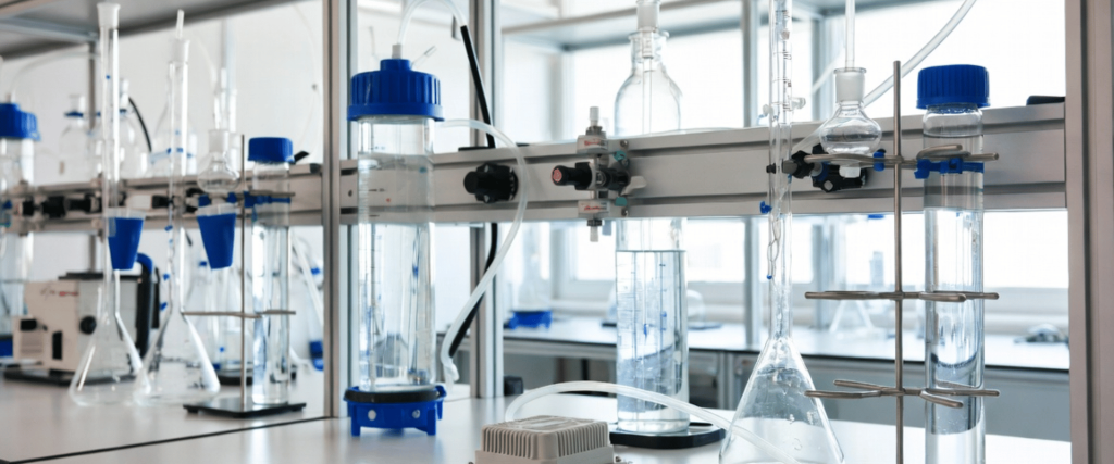 UV Electronic lab setup with glass reactors, flasks, and tubing on a clean research bench in a modern chemistry laboratory