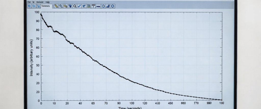 UV Electronic monitor displaying a decay graph on screen, with intensity dropping over time in a laboratory setup