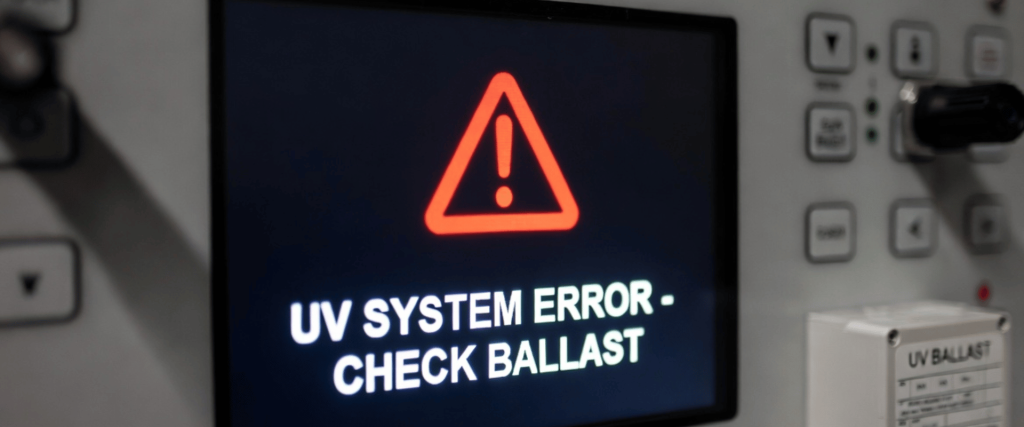 UV Electronic system error screen with warning icon and ballast control panel display