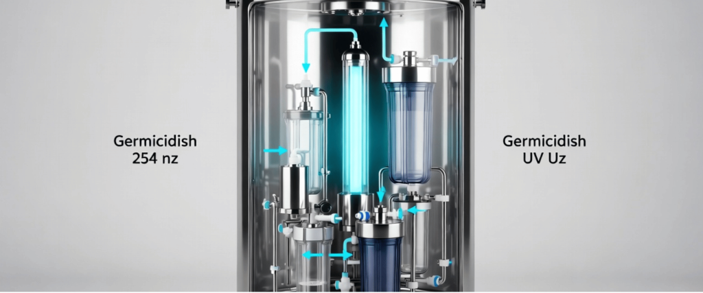 UV Electronic water purification system with germicidal UV light, filters, and stainless steel chamber for clean water
