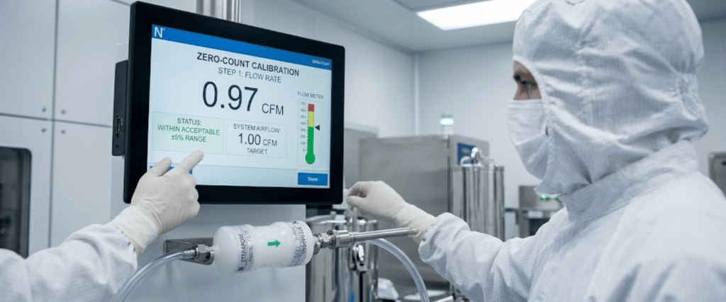 Validate Remote Particle Sensors calibration screen in cleanroom with technicians checking airflow and filter setup