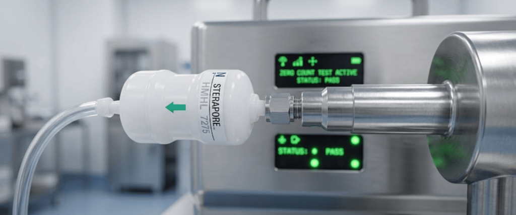Validate Remote Particle Sensors in-line sterile filter connected to stainless steel process equipment in a clean manufacturing setting