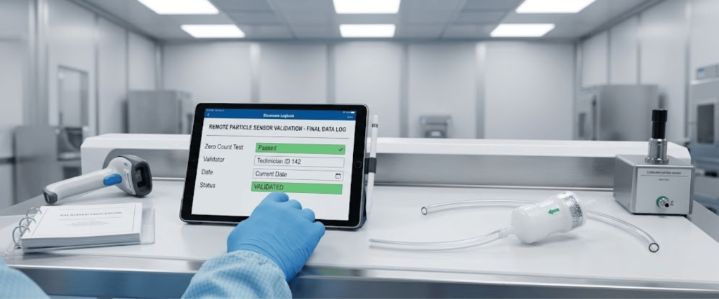 Validate Remote Particle Sensors on tablet in a clean lab, showing validation data, tools, tubing, and sensor equipment