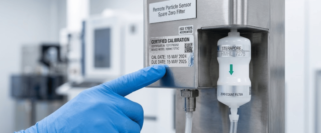 Validate Remote Particle Sensors technician checking calibration label on sterile filter unit in a clean lab setup