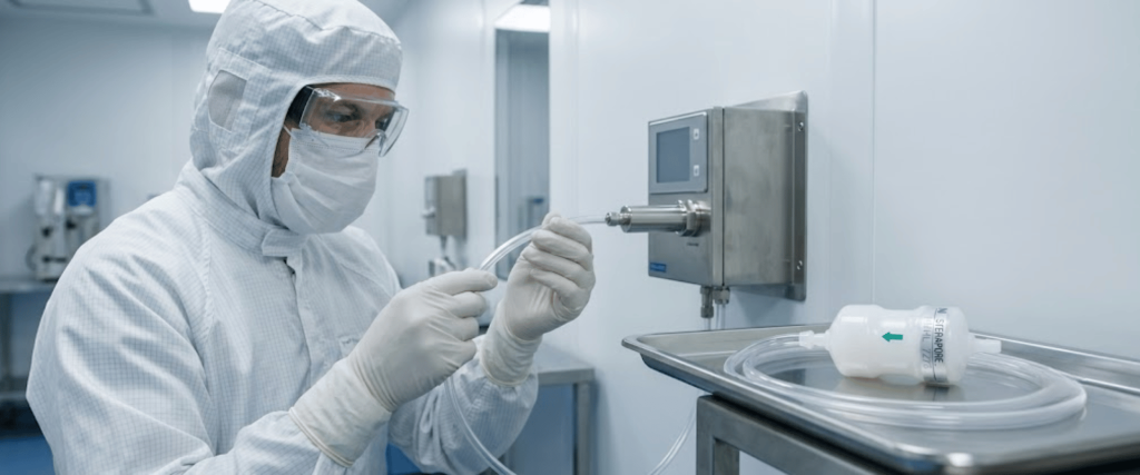 Validate Remote Particle Sensors technician in cleanroom connecting tubing to sterile equipment for contamination testing