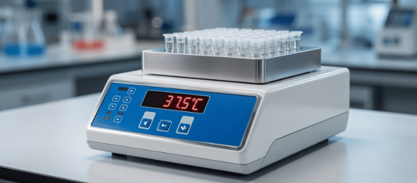 Volatile reagents heating device with test tubes in a lab, showing a digital display for controlled chemical processing