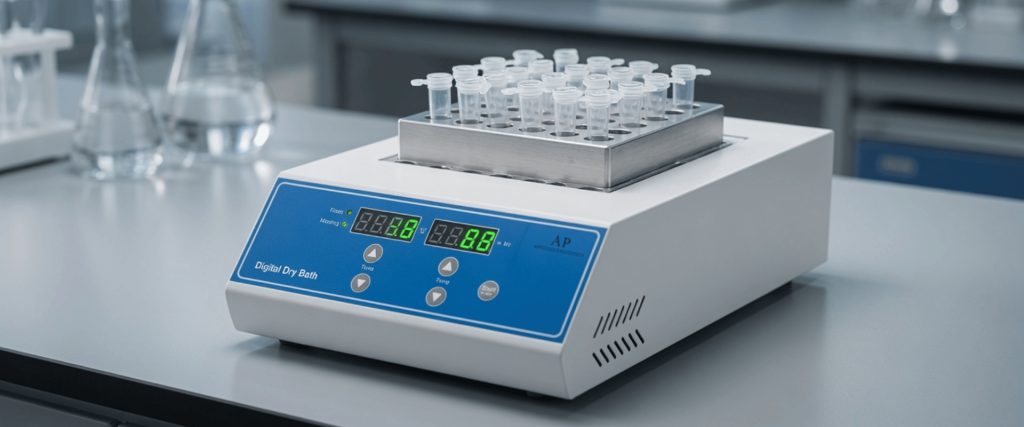 Volatile reagents in test tubes on a digital dry bath in a laboratory, used for controlled heating and sample preparation