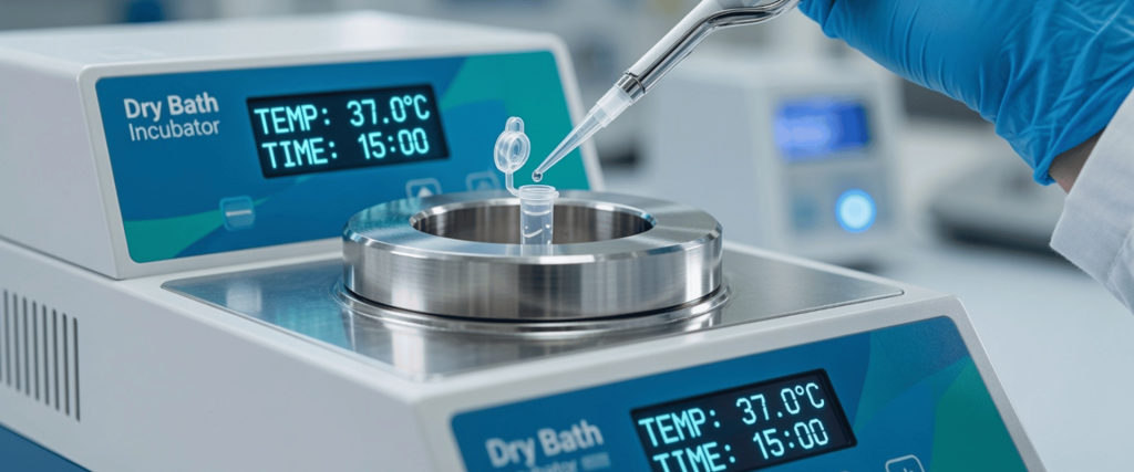 Volatile reagents pipetted into a dry bath incubator during precise lab testing at 37°C for controlled sample preparation
