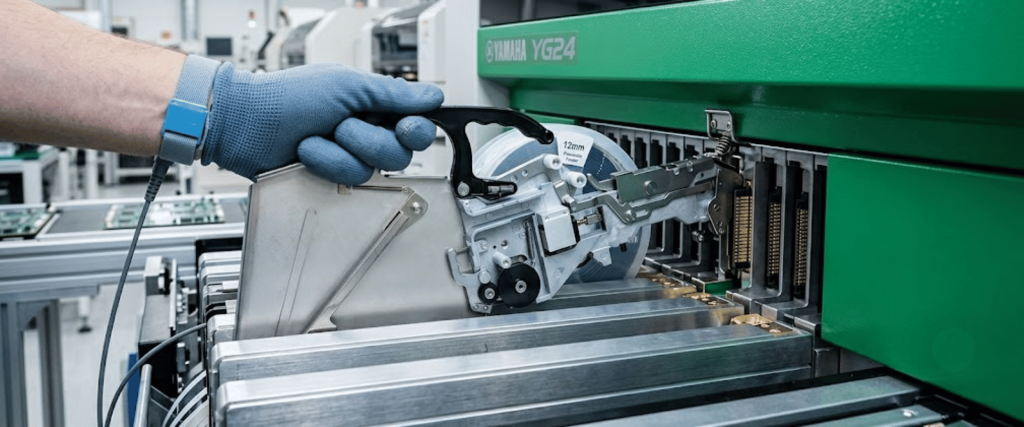 Yamaha CL 12mm SMT feeder being loaded into a Yamaha YG24 pick-and-place machine by a gloved technician in a factory