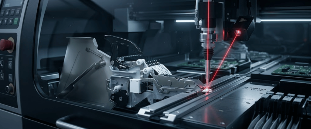 Yamaha CL 12mm automated PCB assembly machine with precision laser placement in a modern electronics factory